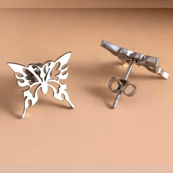 “Tribal Butterfly” Silver Stainless Steel Lasercut Cut-out Hollow Dainty Earring - Picture 6 of 6